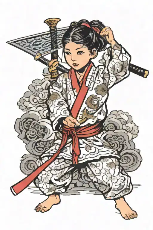 Mean Kid Girl In Karate Kimono Holding A Samurai