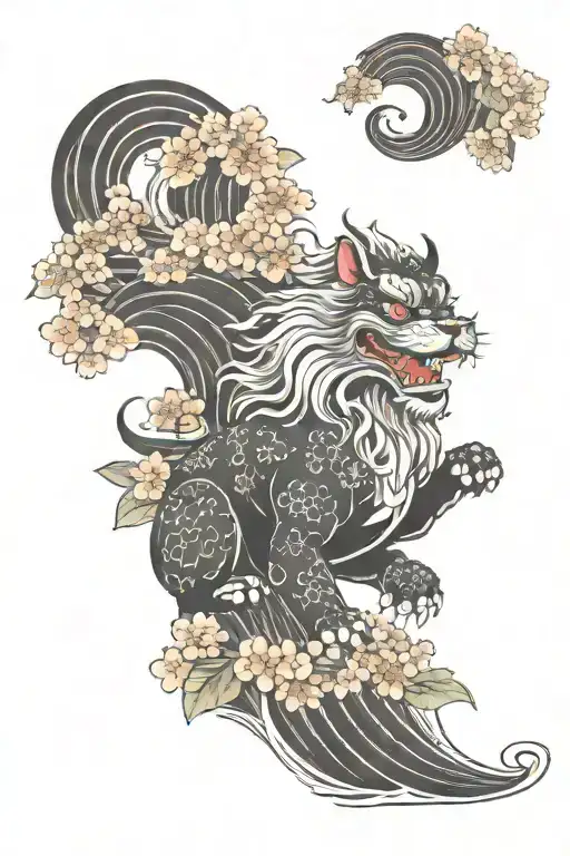 Irezumi Foo Dog With Namakubu Waves And Cherry Blossoms Botan Background