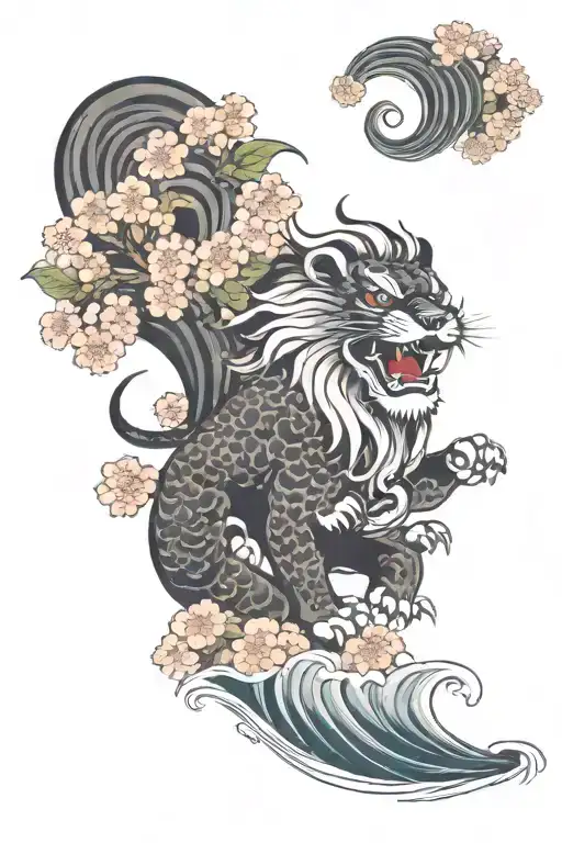 Shishi Lion With Waves And Cherry Blossoms