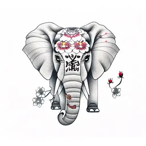 Elephant With Cherry Blossom And Lotus Flowers