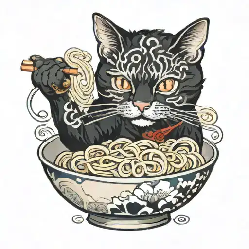 A Black Cat Eating A Bowl Of Noodles