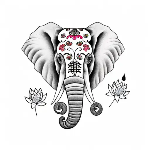 Elephant With Cherry Blossom And Lotus Flowers