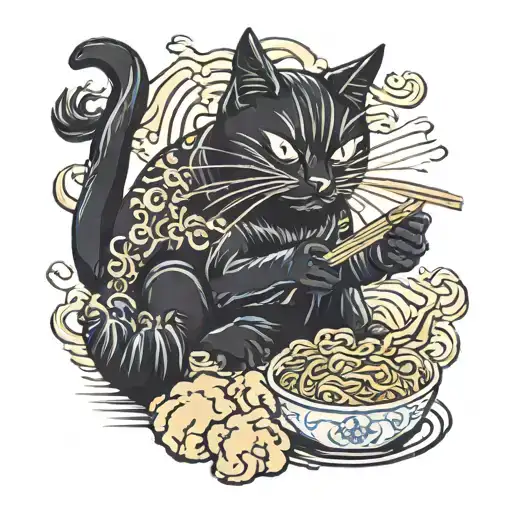 Black Cat Eating Noodles