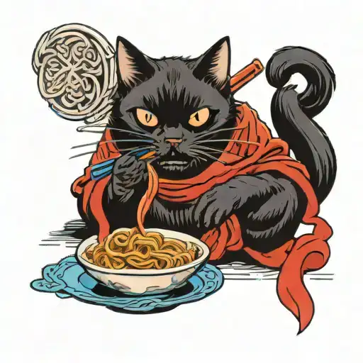 Black Cat Eating Noodles