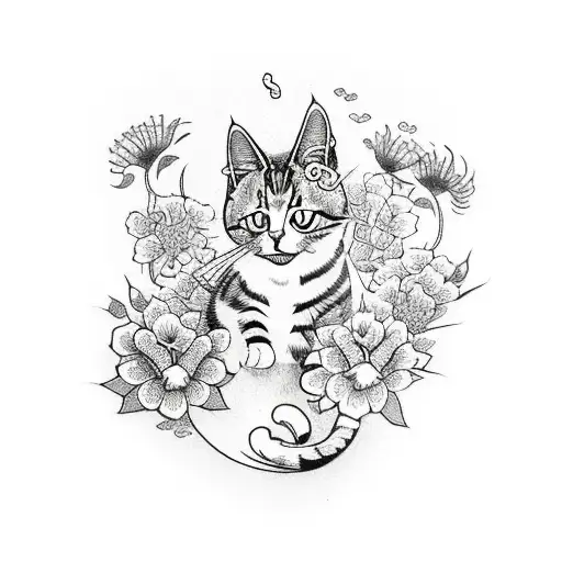 Kid Drawing Cat In Flowers