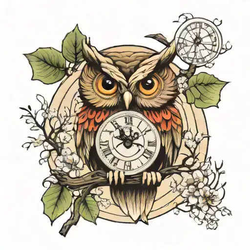 Owl With Sand Clock And The Life Tree Inside Instead Of Sand