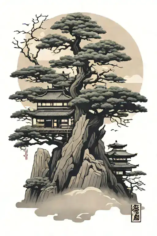 A Japanese Landscape With A Bonsai Tree Accompanied By A Tengu Mask Looking Towards The Horizon