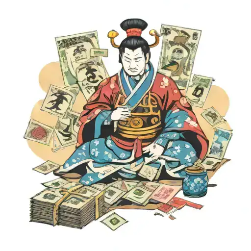 Samurai Emperor Of A Dynasty Surrounded By Stacks Of Money Instead Of Traditional Treasures