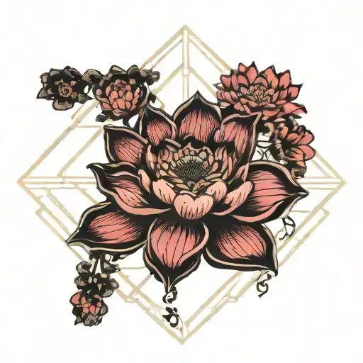 Lotus Flower Geometric Black Flowers Floating Symetrical Grid Lines