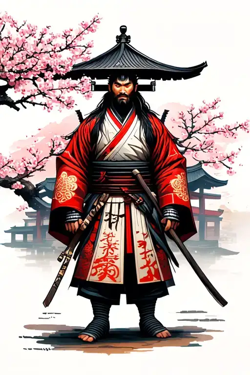 Japanese Samurai Standing Under Temple And Cherry Blossom