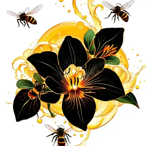 Bees Flying Around Orchid And Honey Waves Forming