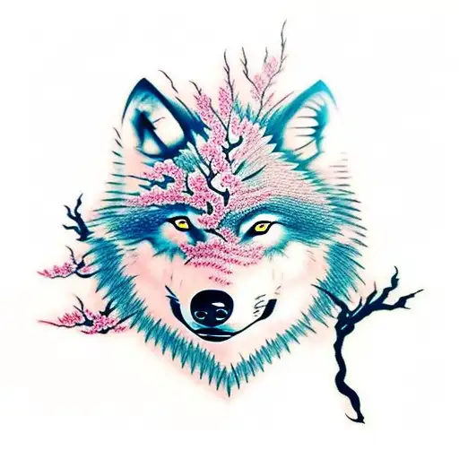 Wolf With Sakura Tree