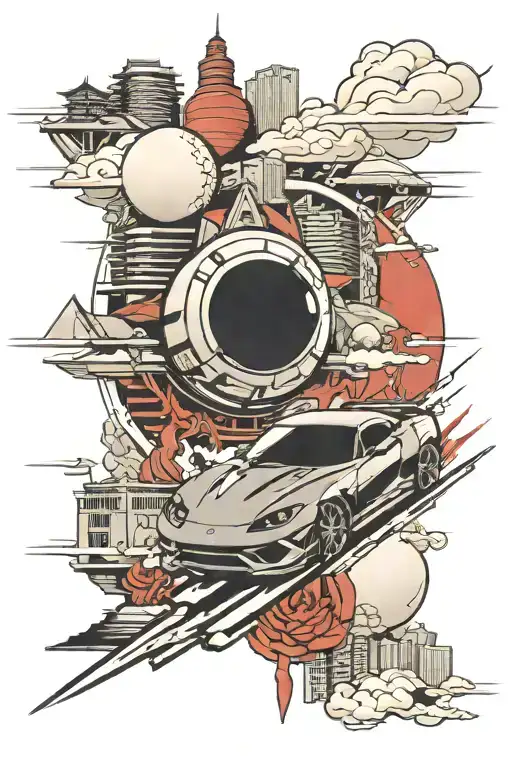 A Tattoo Design Featuring A Sleek Sports Car Racing Through A Futuristic Cityscape