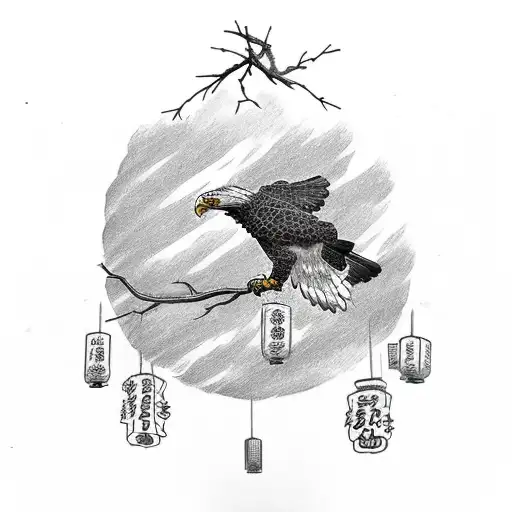 A Sketch Of A Badass Eagle Perched On A Branch Adorned With Elegant Japanese Lanterns
