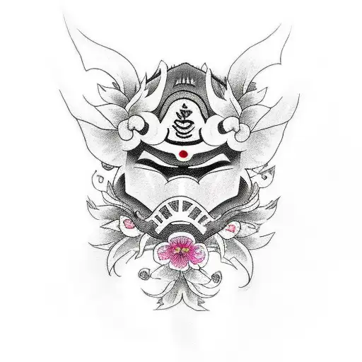 Sakura Flower With Oni Mask And Bird