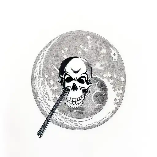 Grim Reaper Seat On His Scythe Looking Moon And Hold A Skull In Hand