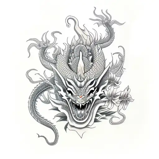 Dragon With Spider Lillies Growing Out Of Head