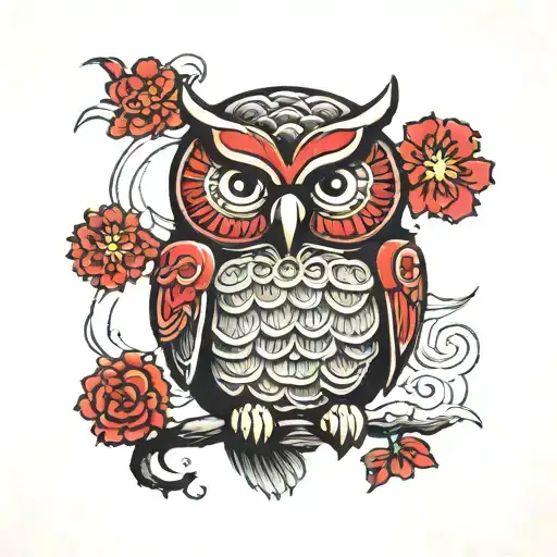 An Owl In Daruma Style With A Backdrop Of A Traditional Japanese Temple