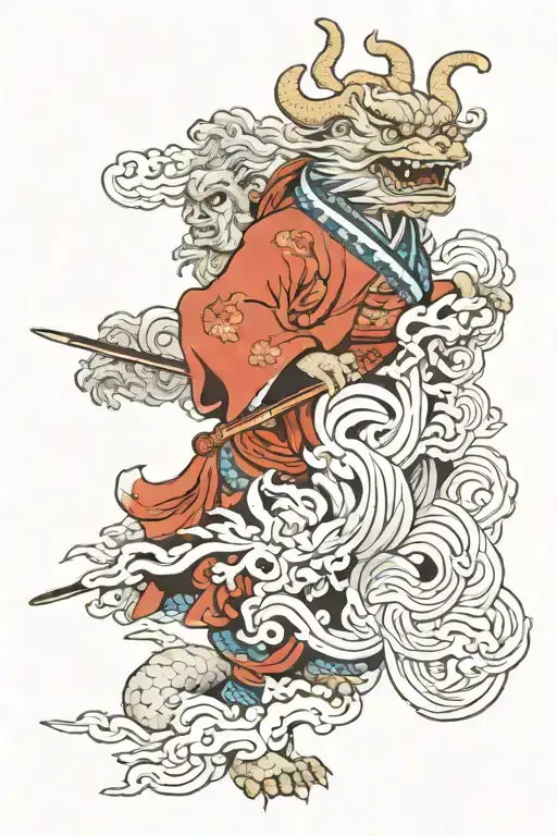 Ox And Foo Dog And Wind Bar And Samurai Warrior