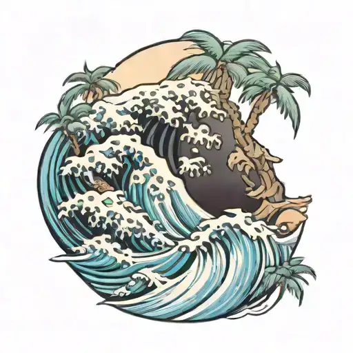 Ocean Wave And 4 Palm Trees