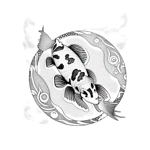 Outlined Koi Fish Gracefully Swimming In A Crescent Moon-shaped Pool