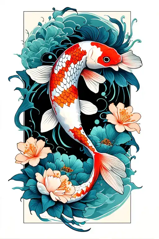 Koi Fish With Loto Flower Flowers
