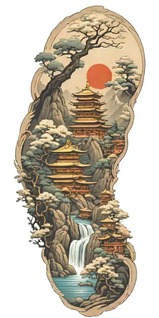 Spiritual Buddhist Inspired Tattoo Featuring A Traditional Scenary And Nature