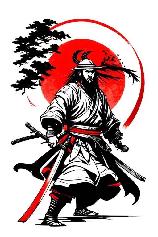 Samurai With Two Sword Walking Forwards With Red Sun Behind