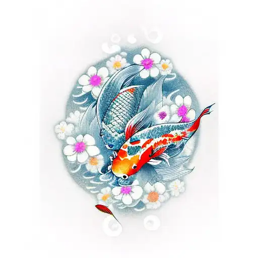 Koi Fish With Flowers