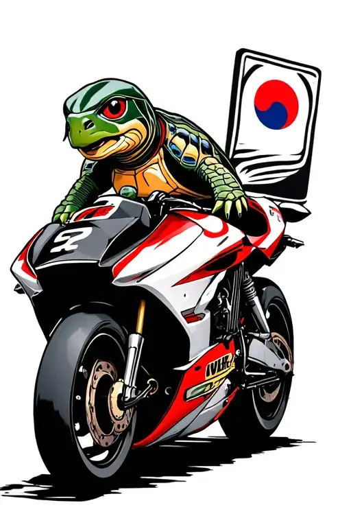 Turtle On A Racing Motorcycle With The Sign Of Korea