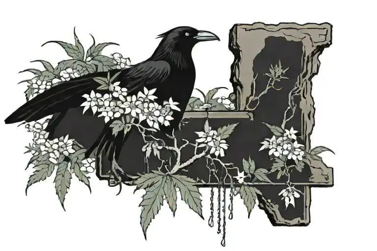 A Black Crow An Old Gravestone Cloudy Sky Withered Cannabis Plants And Flower In A Small Cemetery
