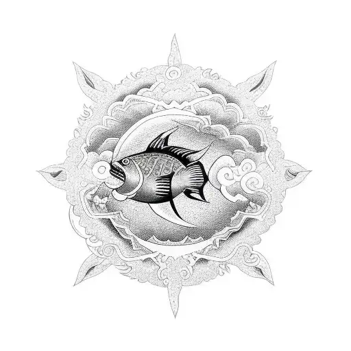 Circle Madala With Koy Fish Swimming Down To Nirvana Down Arm To Sunset