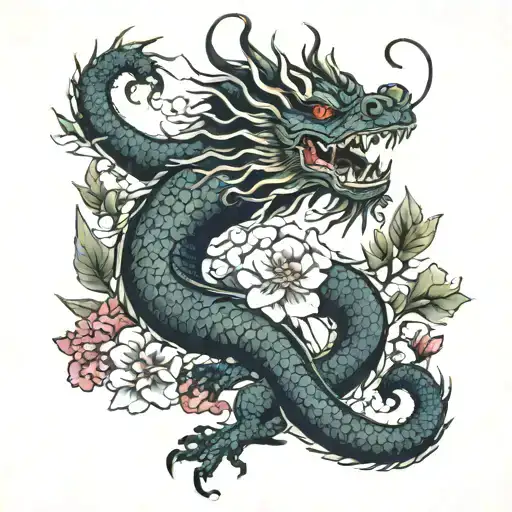 Japanese Dragon With Flowers Growing