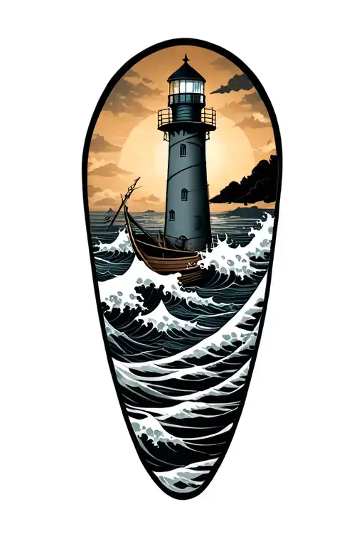 Black White Lighthouse Rowboat Waves