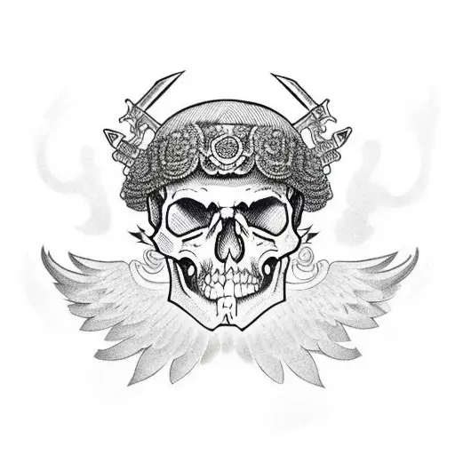 A Skull Wearing A Beret With Wings And A Sword