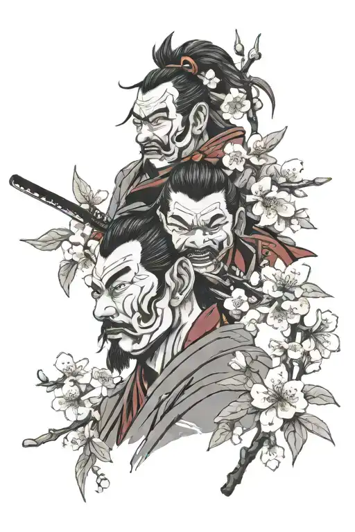 Laugh Now Cry Later Samurai Face Sperated By A Cherry Blossom Branch