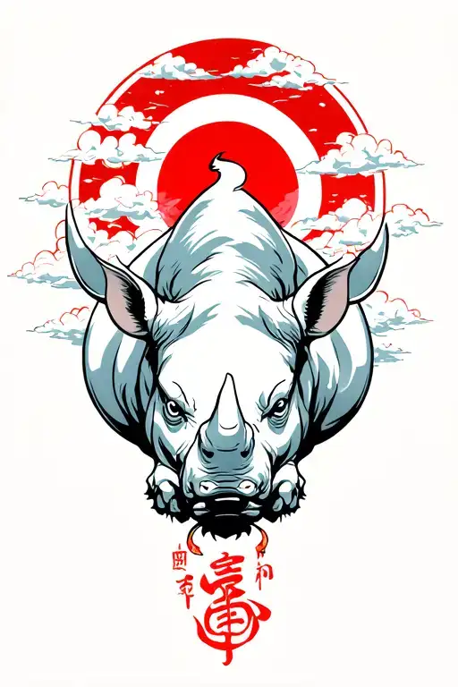 Charging Rhino With Red Sun And Clouds Surrounding