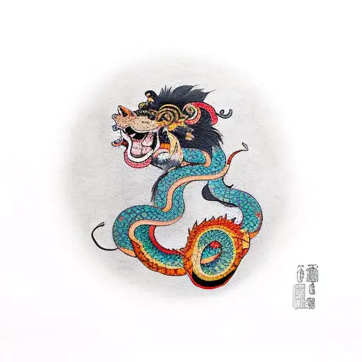 Balinese King Lion Biting A Snake