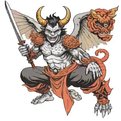 Oni Maks With Sword And Devil And Engel Wings Spread Wide