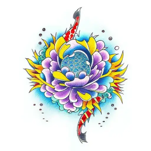 New-school Tattoo Of A Vibrant Dahila Flower Surrounded By Traditional Japanese Waves And Koi Fish