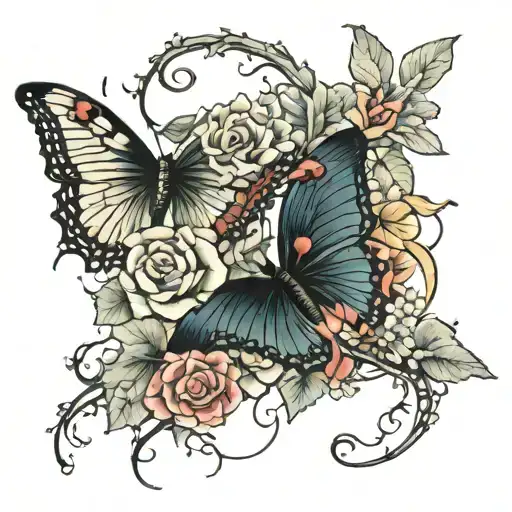 Dragon Butterflies Rose And Lily Flower Vines