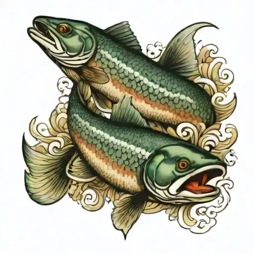 2 Trout Swimming Top View With Japanese Water