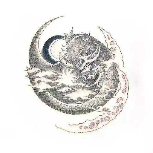 A Crescent Moon With A Demon Sitting On Top Of It