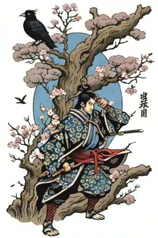A Samurai Warrior Standing In Front Of A Sakura Tree Watching Crows Fly Away