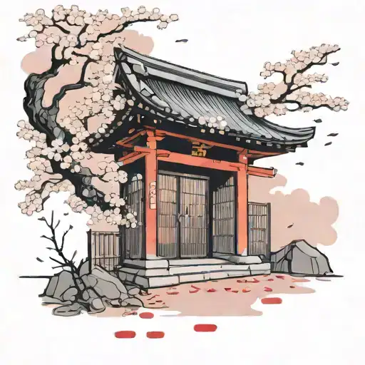 Shrine Entrance With Cherry Blossom Tree And Petals Falling Down