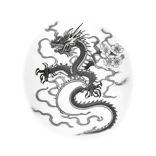 Forearm Tatto Of A Ryu Dragon Surround By Cherry Blossoms Black And White