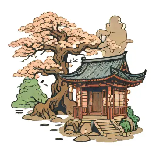 Shrine Entrance With Cherry Blossom Tree And Petals Falling Down