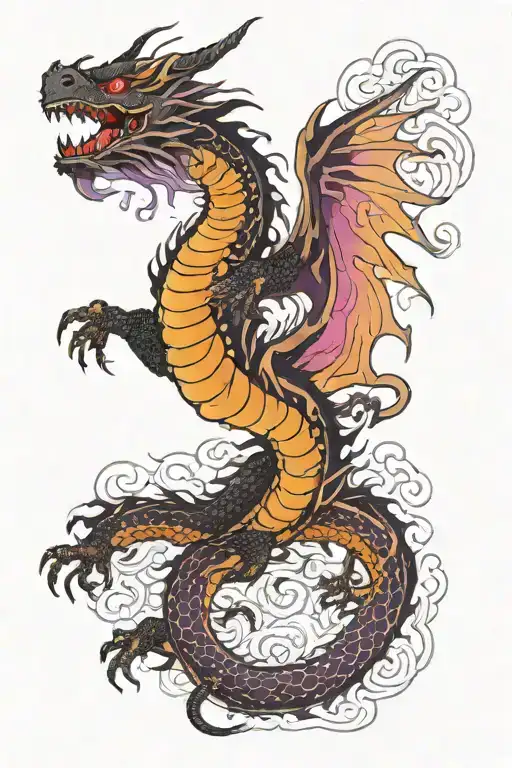 Black Dragon Rising From Purple Fire With Its Wings Spread Wide