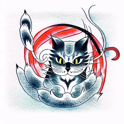 Fluffy Cat In The Style Of Japanese Demons