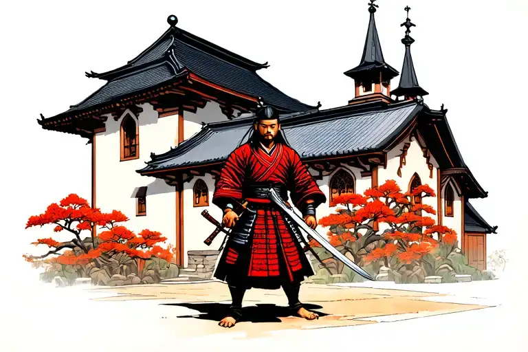 Samurai With Sword Standing Infront Of Church